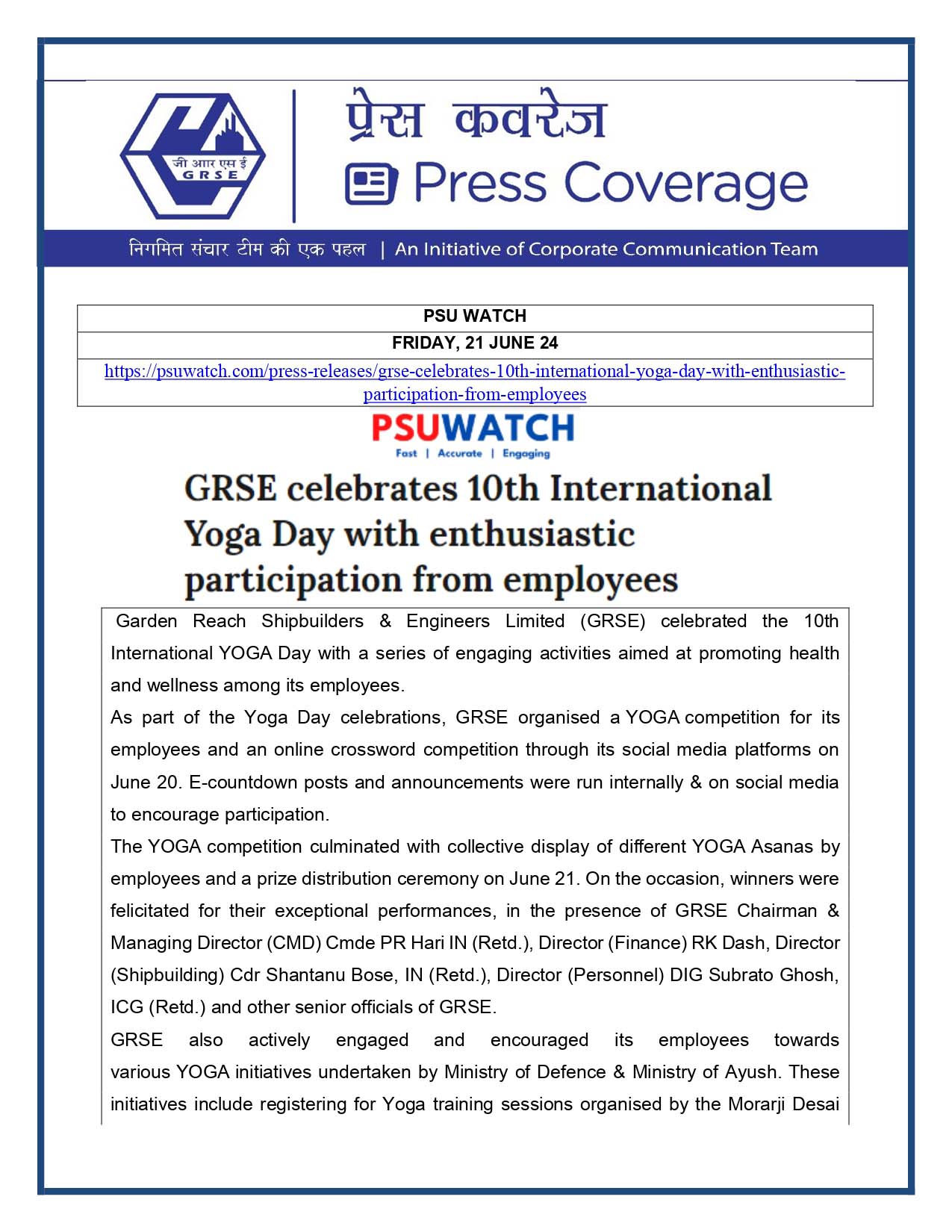 Press Coverage : PSU Watch, 21 Jun 24 : GRSE Celebrates 10th International Yoga Day with Enthusiastic Participation from Employees